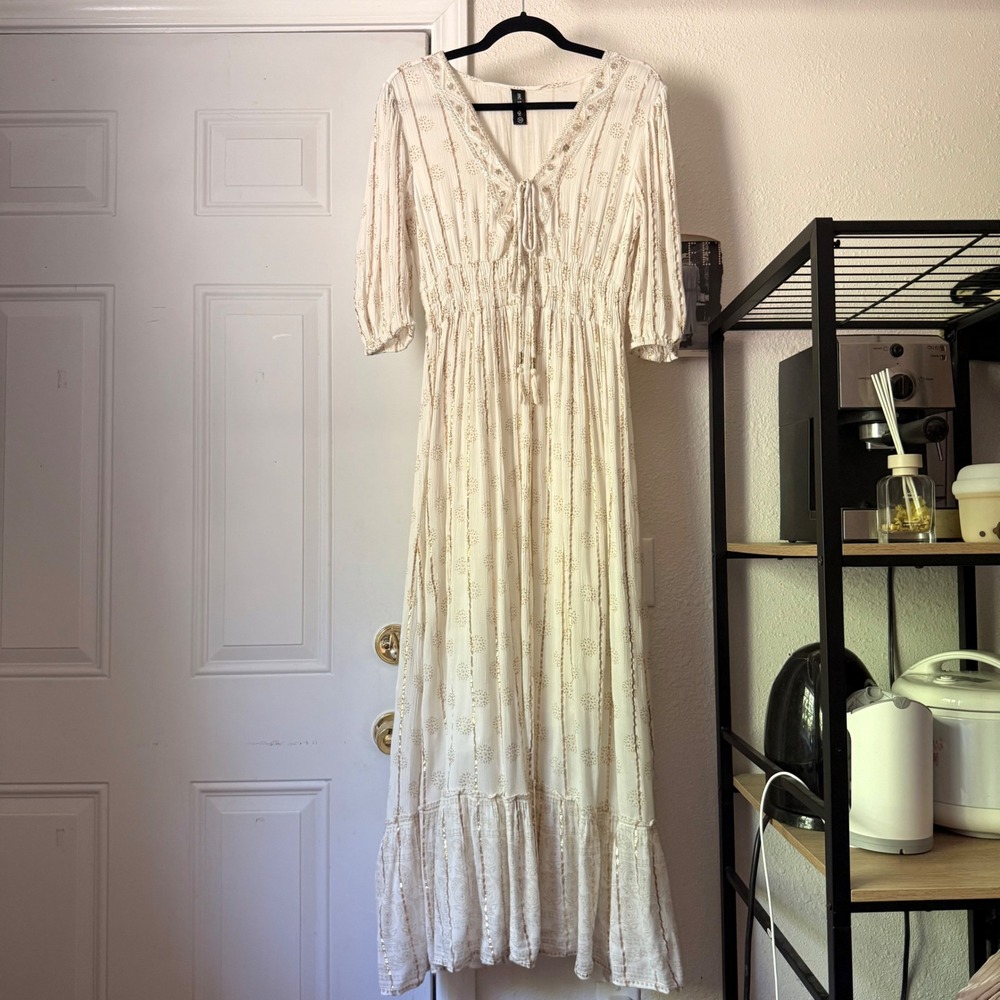 ME 2 MAGIC white gold metallic pin stripe sequin puff short sleeve maxi dress